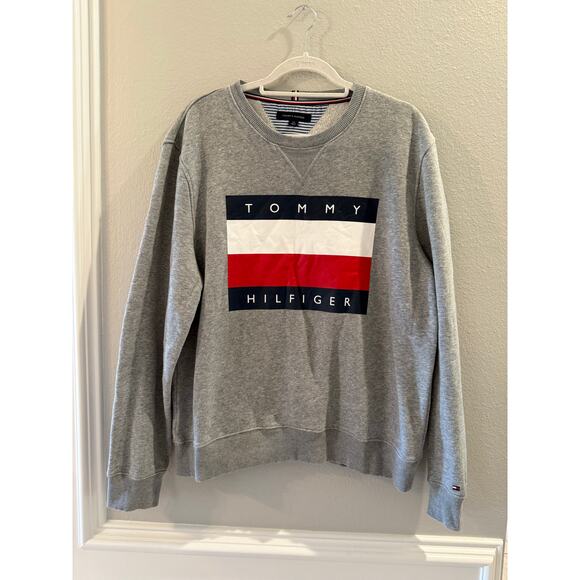 Tommy Hilfiger Vintage Grey Crewneck Logo Y2K Pullover Sweatshirt Sz L - Picture 1 of 6